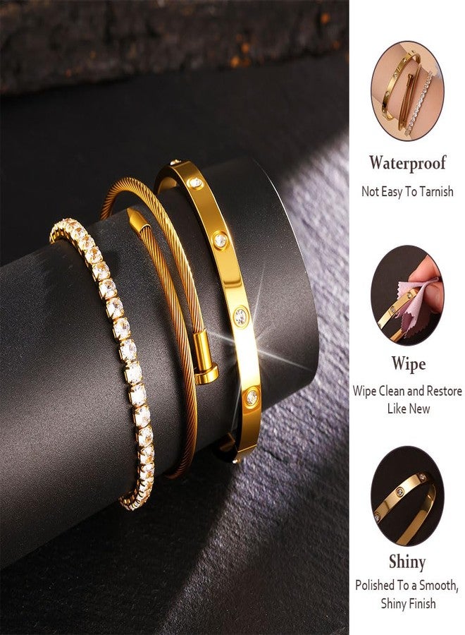JUNVirtuous 3-Pack Gold Bracelets for Women,18K Gold Plated Bangle Tennis Bracelets Stack Set for Women Trendy Non Tarnish Stainless Steel Gold Bangles Accessories Designer Jewelry Pulseras Para Mujer - Image 4